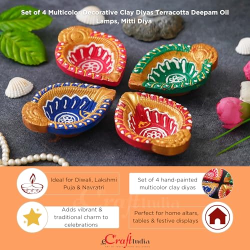 Image of eCraftIndia Set of 4 Multicolor Decorative Clay Diyas Terracotta Deepam Oil Lamps, Mitti Diya for Diwali, Lakshmi Puja, Navratri, Ganesh Chaturthi - Diwali Decoration Items for Home Decor