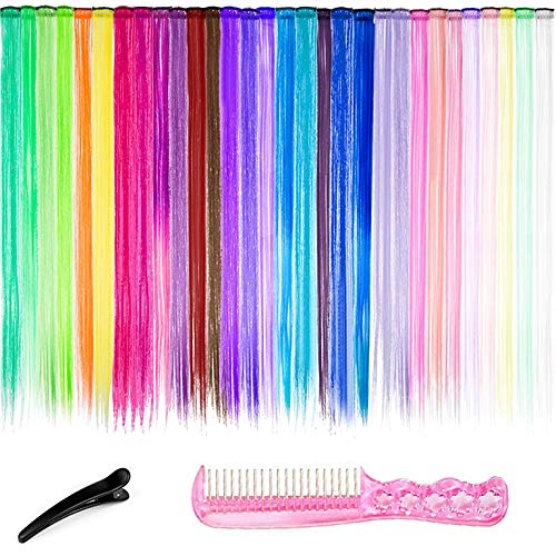 Hair Extensions Pack of 30 Pieces Multi-color 1 Steel Comb 1 Hairpin for Free Clip in Hair Extensions Highlights Straight Long Hairpiece Hair Accessories for Girls Women Kids Doll Hair Pieces Colored Wigs Pieces 22 Inches