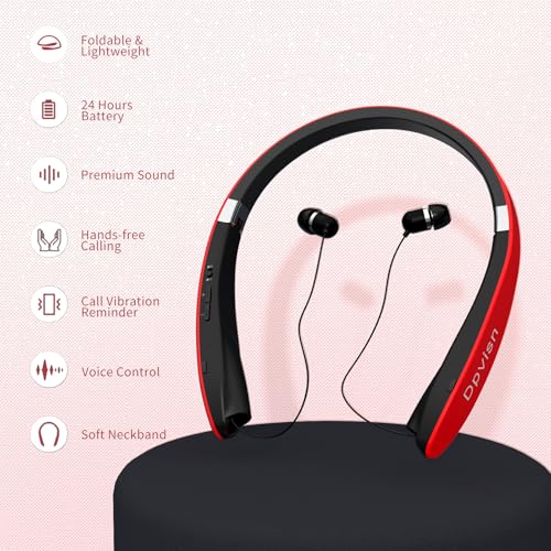 Image of Bluetooth Neckband Headphones, Foldable Wireless Lightweight Neck Headset with Retractable Earbuds, Noise Cancelling Sweatproof Stereo Earphones with Mic & Carrying Case (Red)