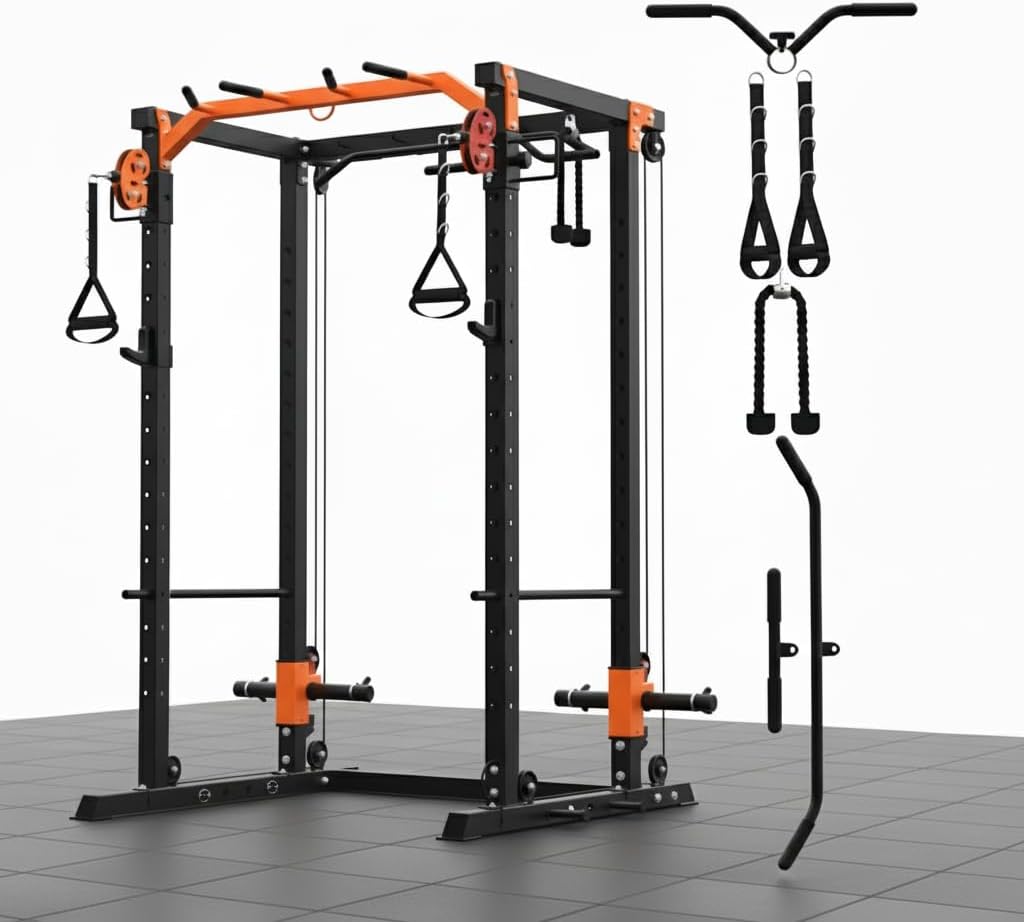 Power Cage, All-in-1 Home Gym with LAT Pulldown & Cable System, 2000LBS Squat Rack for Home & Garage & Apartment Use, Workout Cage with More Attachments
