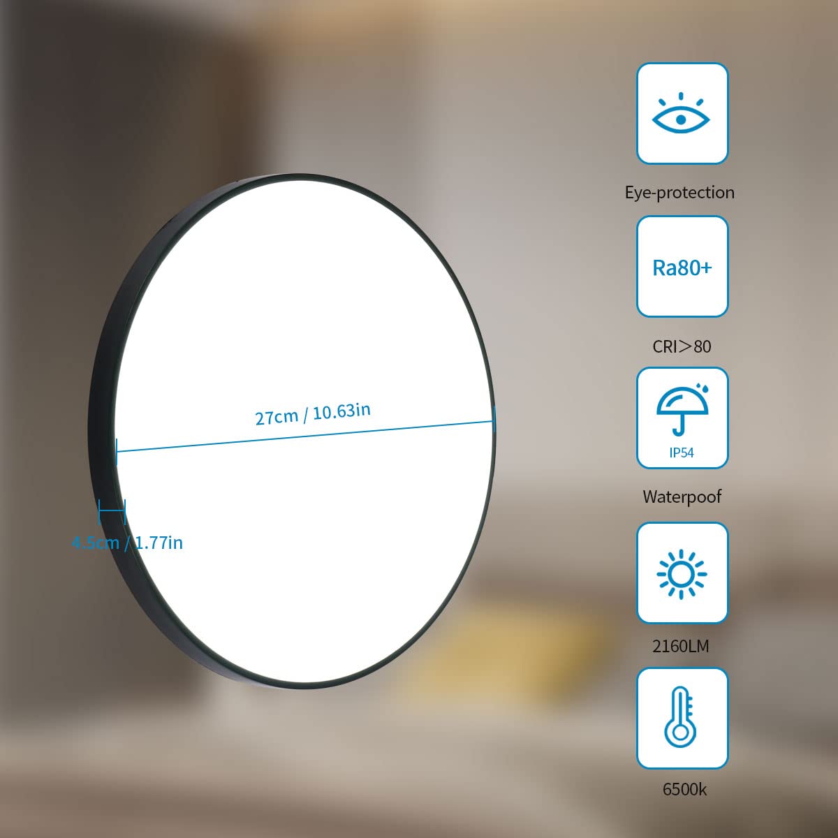 Lampara LED Techo Moderno 24W 6500K Blanco Frio Plafon Led Techo Redondo Negro IP54 Impermeable Luz Led para Baño, Cocina, Pasillo, Sala de Estar, Ø27cm
