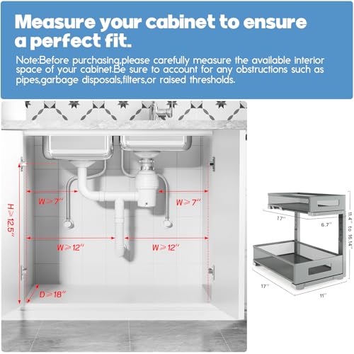 Image of 1 Pack 17IN Depth Under Sink Storage Organizer, Large 2-Tier Elegant Mesh Pull Out Shelf for Kitchen and Bathroom Cabinet Organization, L-Shaped and Adjustable Height Design-Gun Gray