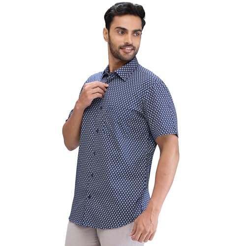 Image of Colorplus Men's Regular Fit Print Pattern Pure Cotton Plain Collar Half Sleeve Casual Shirt