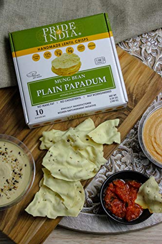 Pride Of India - Mung Bean Plain Papadum Lentil Crisp, 10 Count (3.53Oz - 100Gm) - Plant Based Protein Snack, Gluten-Free Vegan Crackers, Healthy Bean Chips, Traditional Handmade Indian Low Carb Food #TOP5