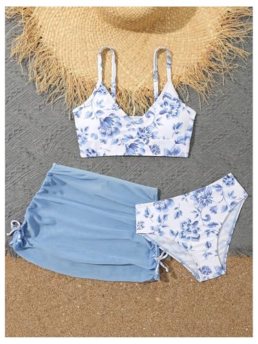 Image of WDIRARA Girl's Floral Print 3 Pieces Beach Bikini Swimsuit with Drawstring Ruched Skirt