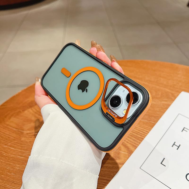 Image of LuxuryKase Smoked Clear MagSafe Case for iPhone 15 Plus | Metal Camera Guard Kickstand | Rugged Grip Edge | Hard PC Back + Soft TPU | Wireless Charging Support - Orange