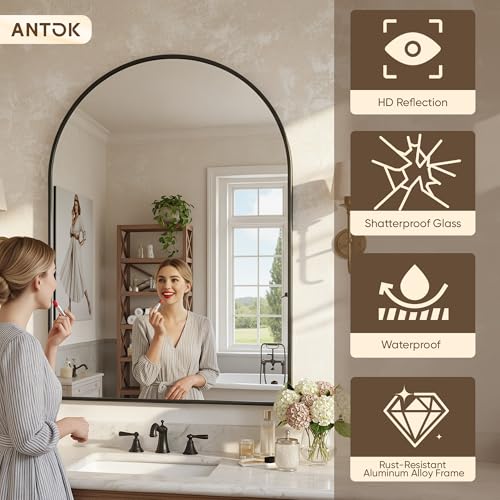 Image of Antok Arched Bathroom Mirror, 20 inchx30 inch Wall Mounted Mirror, Vanity Mirrors for Over Sink, Aluminum Alloy Frame Bathroom Mirrors Living Room, Bedroom and Entryway, Black