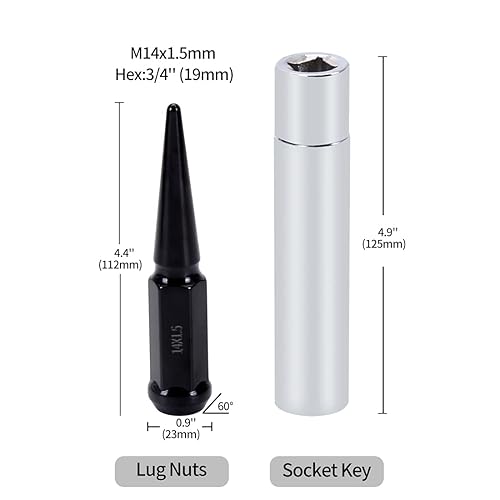 Miniatura 3 de M14x1.5 Tuercas de llanta de púa, juego de 24 unidades, color negro, con 2 llaves de vaso (hexagonal de 0.79 pulgadas, 4.4 pulgadas de alto)