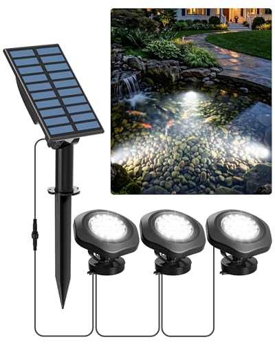 T-SUNiceM 3-in-1 Solar Pond Lights IP68 Waterproof Cool White LED Submersible Spotlights 2 Light Modes for Pond Fountain Pool Aquarium Garden Patio Decor