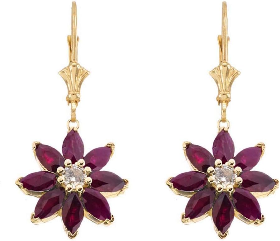 Exotic 14k Gold Daisy Diamond and Ruby Flower Leverback Earrings