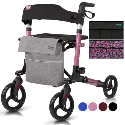 Vive Mobility Walker - Andador médico plegable de 4 ruedas con asiento y bolsa, ayuda de movilidad para adultos, personas mayores, ancianos y discapacitados (rosa)
