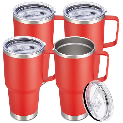 Image of 30 oz Stainless Steel Tumblers Bulk with Handle and Lid, 4 Pack | Powder Coated, Double Wall Vacuum Insulated, Leak Proof Lid, Keep Drinks Cold and Hot, for office, party, camping, Red