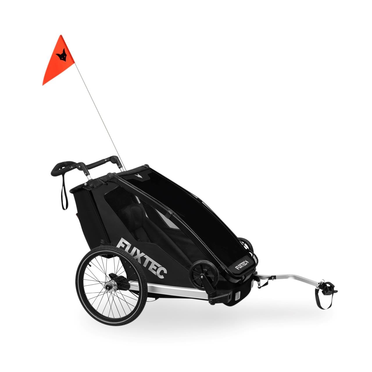 FUXTEC Remorque de vélo pour enfants FX-FA1S, monoplace pliable avec poignée de poussée et protection contre la pluie, ceinture de sécurité intégrée et bracelet de poignet, charge maximale 35kg, avec