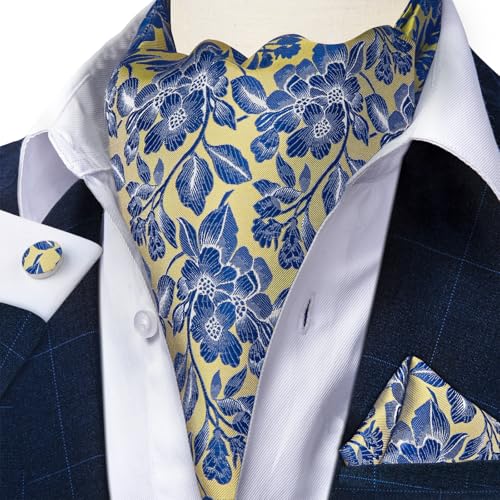 Image of DiBanGu 3PCS Ascot Ties for Men Wedding Jacquard Woven Silk Ascot Cravat for Men Cravat Tie and Pocket Square Set