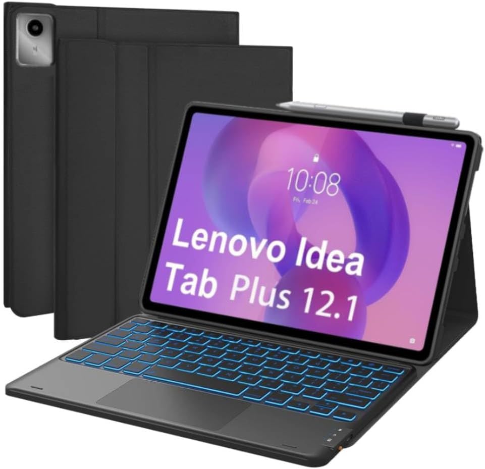 Touchpad Keyboard Case for 2025 Lenovo Idea Tab Plus 12.1 Inch/Tab K12, Ultra-Thin Leather Stand Cover with 7-Color Backlit Wireless Keyboard for Idea Tab Plus/Tab K12 (TB361FU/TB361ZU), Black