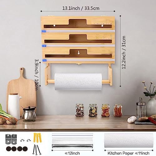 Dispenser per pellicola trasparente e taglierina 4 in 1, per cassetto da parete della cucina, porta rotolo di bambù, compatibile con rotoli da 30,5 cm, con taglierina, foglio di alluminio e dispenser