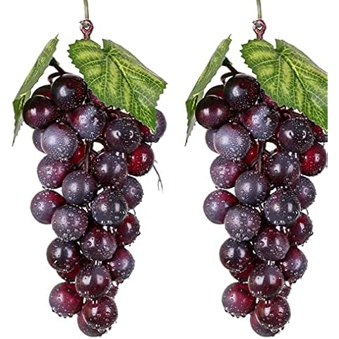 Bairdish 2pcs Purple Simulation Grapes Bunches Lifelike Artificial Grapes Fake Grape Bundle for Vines Decoration Wine Kitchen Garland Decor Faux Fruit Props(36 Grains 7Inches Long) Cover