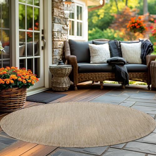 Carpettex Alfombra Exterior Interior Resistente a la Intemperie, Impermeable 200 cm Redonda Beige - Alfombra de Cocina de Tejido Plano, Unicolor - Alfombras Exterior para Jardín, Balcón y Terraza