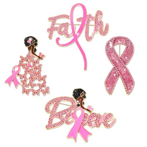 Image of Breast Cancer Awareness Pins Bulk Pink Ribbon Brooches for Women Faith Hope Lapel Pins Breast Cancer Awareness Jewelry Accessories Decorations Charity Public Fundraiser Supplies