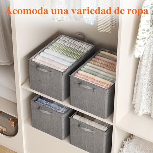 Lifewit Cajas de Almacenamiento de Tapa Transparente, Cesta Almacenaje de Tela Apilable con Asas, Organizador Guardar Ropa de Armario Oxford Catiónico Plegable para Casa, Oficina, Mediano, 4 Piezas - imagen 7