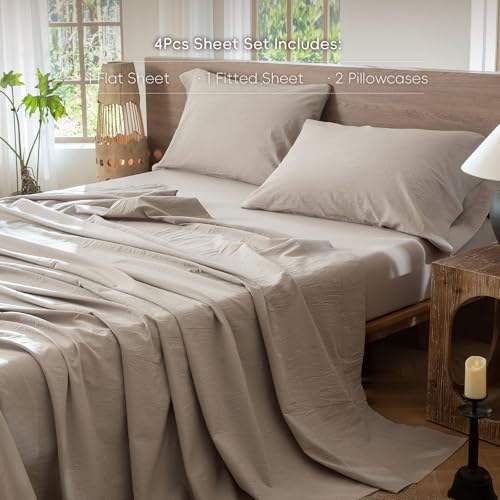 Image of MooMee Bedding Sheet Set 100% Washed Cotton Linen Like Textured Breathable Durable Soft Comfy (Heathered Cream Grey, Full)