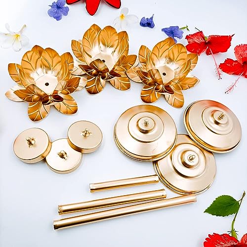 Image of Lotus Tea Light Candle Holder Stand for Home Decoration Diwali Gift Pack of 3 Golden