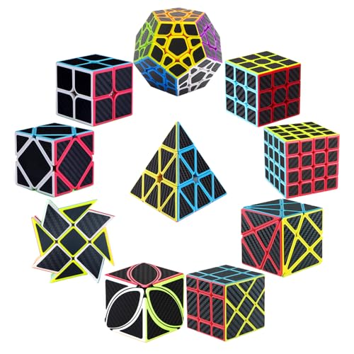 Roxenda Speed Cube Set of 10 - 2x2 3x3 4x4 Skew Ivy Axis Fisher Megaminx Pyramid and Windmill - Carbon Fiber Sticker Magic Collection, Educational Toys for Children and Adults