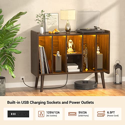 Unikito Vintage Record Player Stand With Led Light And Power Outlet, Vinyl Record Storage Table With 6 Cabinet, Record Player Table With Vinyl Storage, Vinyl Record Display Cabinet For Bedroom, Walnut #TOP2