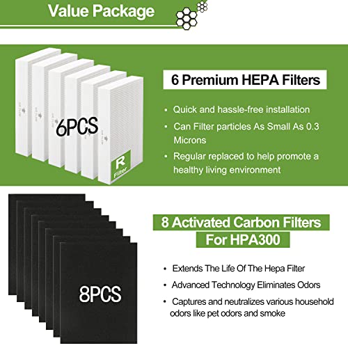 Smilyan 6 Pack Hpa300 Hepa Replacement Filter R For Honeywell Hpa300 Hpa200 Hpa100 Hpa090 Series Air Purifier, Compared To Hrf-R3 Hrf-R2 Hrf-R1 (6 Hepa + 8 Carbon) #TOP3