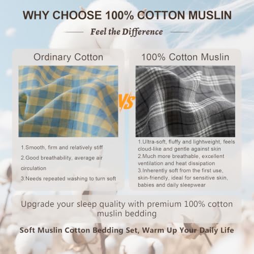 Image of EAVD Vintage Grey Buffalo Plaid Duvet Cover Twin Soft 100% Cotton Muslin Retro Black White Grid Checkered Bedding Set with 2 Pillowcases Reversible Gingham Duvet Cover with Zipper