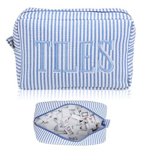 Sunnymove Empty Mahjong Bag Thickened American Mahjong Tiles Bag with Zipper Storage Pouch for Board Game Pieces Game Party Travel Gatherings Accessories, 10.4''x5.6'', Case Only (Tiles,Striped Blue) - image 1