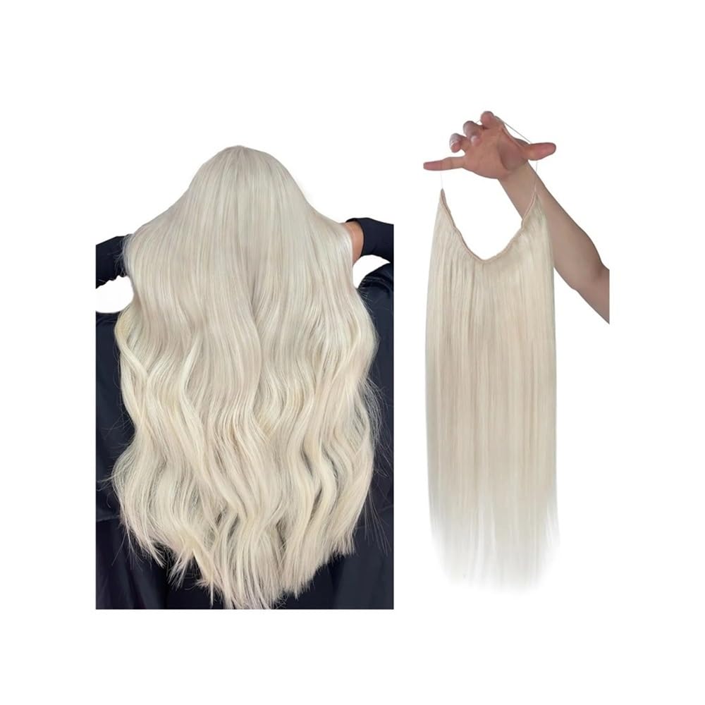Haarverlängerung Fish Line Echthaar-Verlängerungsdraht, Naturhaar, einteilig, unsichtbarer Draht, Haartresse mit 2 Clips Clip in Haarextension(Platinum Blonde,12 inch)