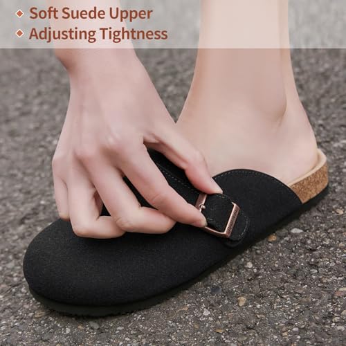 Dumalum Suede Black Clogs for Women & Men - Comfort Cork Footbed with Arch Support - Adjustable Buckle Mules Slip-On Sandals Unisex Potato Shoes Home Slippers — view 4