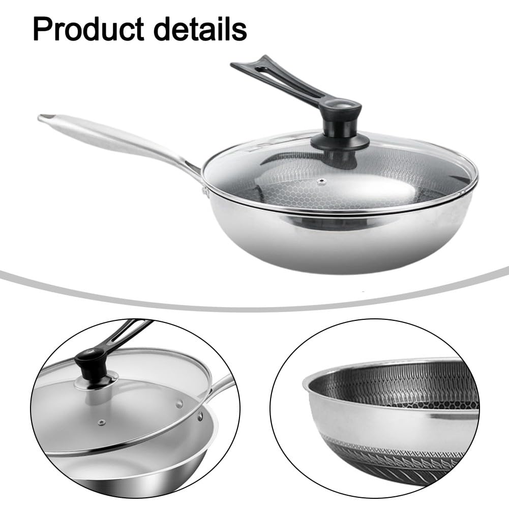Wok in acciaio inox con coperchio, 32 cm, a induzione a tre strati, compatibile per cucinare in casa su fornelli a gas ed elettrici