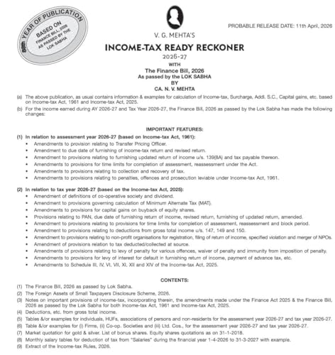Image of V.G.Mehta's Income Tax Ready Reckoner (DTRR) - AYs 2026-27 - 88th Edition - [Finance Act 2026] - As per ITA 1961 | ITA 2025 | ITR 2026