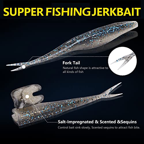 Bombrooster Fishing Bait Soft Plastic Fishing Lure, 4in Salty Split Tail Jerk Shad Minnows Lure for Bass Fishing, Swimming Jerk Bait 30 Pcs with Tackle Box - Thumbnail 4