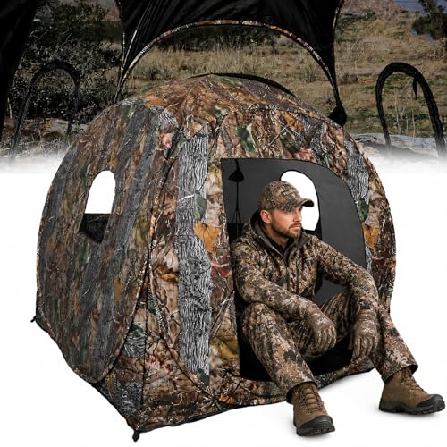 Hunting Blind 360 Degree See Through with Floor Mat, 2/3 Person Ground Blind, Quick Set Pop Up Tent, Spring Steel Camouflage Tent for Deer and Turkey