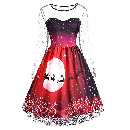SamMoSon Discount,Robe Femme ete Courte Tankinis Femme Cérémonie Femmes O-Neck Joyeux Noël Dentelle Insérer Père Noël Claus Impression Fête Robe (Rouge?460), S