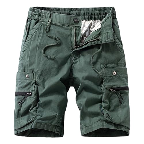 Pantalones cortos cargo casuales de algodón para hombre, con diseño de patchwork y cordón ajustable en la cintura, ideales para senderismo al aire libre, corte relajado, color verde militar, talla 30.
