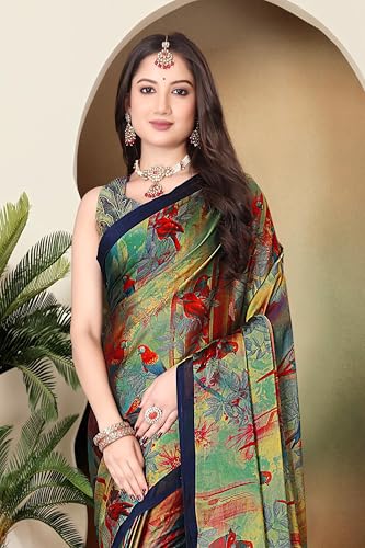Image of SUPERLAXMI Women's Chiffon Floral Printed Saree with Blouse Piece