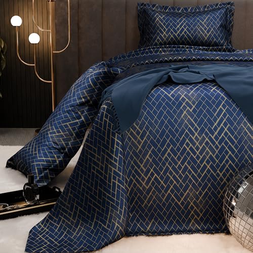 Image of Stoa Paris 300TC UltraSatin Printed Double Bedsheet with 2 Pillow Covers, Gentle on Skin & Hair, Wrinkle & Fade Resistant, Aesthetic Home Decor, Gift for Couple, Starlit Night - Navy (228cm x 254cm)