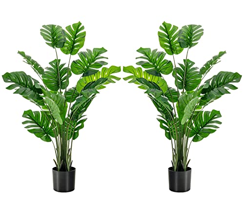 HAPPYGRILL 2-Pack Artificial Monstera Deliciosa Plant, 5FT Faux Plant with Cement Pot, 15 Large Leaves, Decorative Fake Greenery Plants, Indoor & Outdoor Decor for Home Office