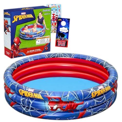 Spiderman Inflatable Pool - Bundle with Marvel Inflatable Kiddie Pool for Boys Girls Kids Plus Stickers More | Spiderman Kiddie Pool Set (48 L x 48 W x 10 H)