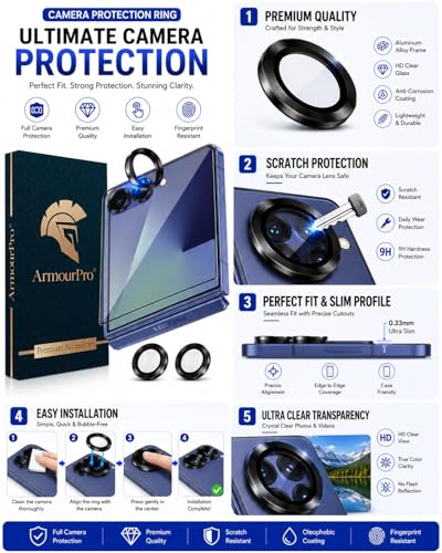 Image of ArmourPro Military-Grade Tempered Glass Compatible with Samsung Galaxy Z Flip 7 5G (6.9 Inch) with Black Camera Ring Protector & Installation Kit | Edge to Edge Coverage