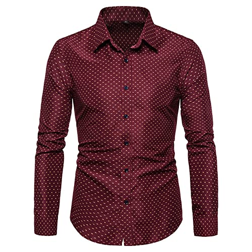 Camisa Hombre, Moda Hombre Vino Rojo Lunares Camisa Manga Larga Hawaiana Funky Camisas Slim Fit Business Camisa Abotonada Fiesta Playa Camisa Otoño Invierno Camisas Regulares,XL