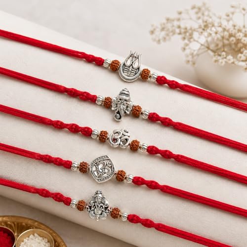 Image of Rakhi for Brother Set of 5 Raksha Bandhan Rakhi Bracelet, Rakhi Brother Set | Handcrafted with cotton thread and rudraksh beads, includes greeting card
