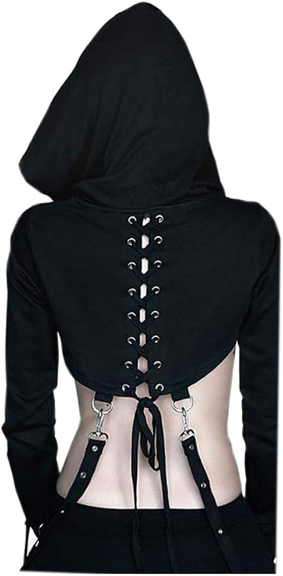 Amazon Co Jp パーカー レディース トップス ゴシック 暗黒 セクシー ヘソ出し 胸元 個性的 長袖 フード付き ベルト飾り 無地 デザイン シンプル 紐 ファッション カジュアル 服 ファッション小物