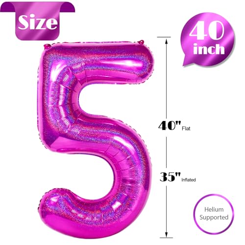 Image of Laser Hot Pink 5 Balloon, Number Balloons 40 Inch, 5th Birthday Balloon Decorations, Laser Hot Pink Party Supplies, 5 Number Balloons, Number 5 Balloon