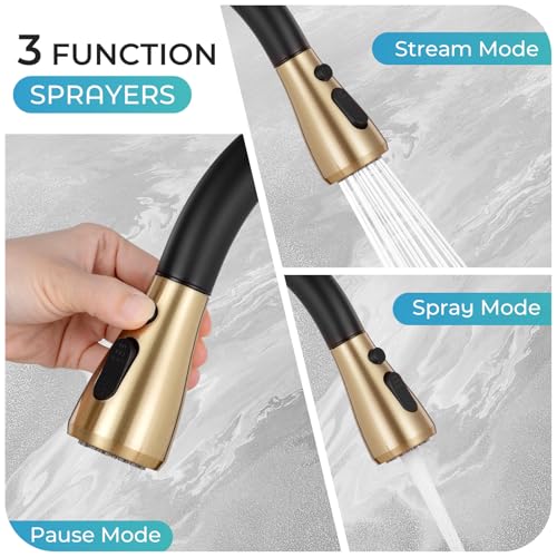 Image of Black & Gold Kitchen Faucet with Pull Down Sprayer and Deck Plate | SUS 304 Stainless Steel, Single Handle, 3 Spray Modes, 360 Swivel Spout, RV Laundry Bar Sink, Deck Plate, NSF372 NSF61 cUPC