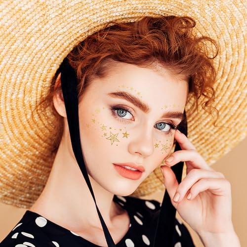 Glitter-Face-Tattoos-Temporary-for-Women-and-Girls-10-Sheets-Metallic-Gold-Eye-Makeup-Star-Freckle-Stickers-for-Fairy-Princess-Halloween-Costume-Christmas-NYE-Festival-Party-Favors